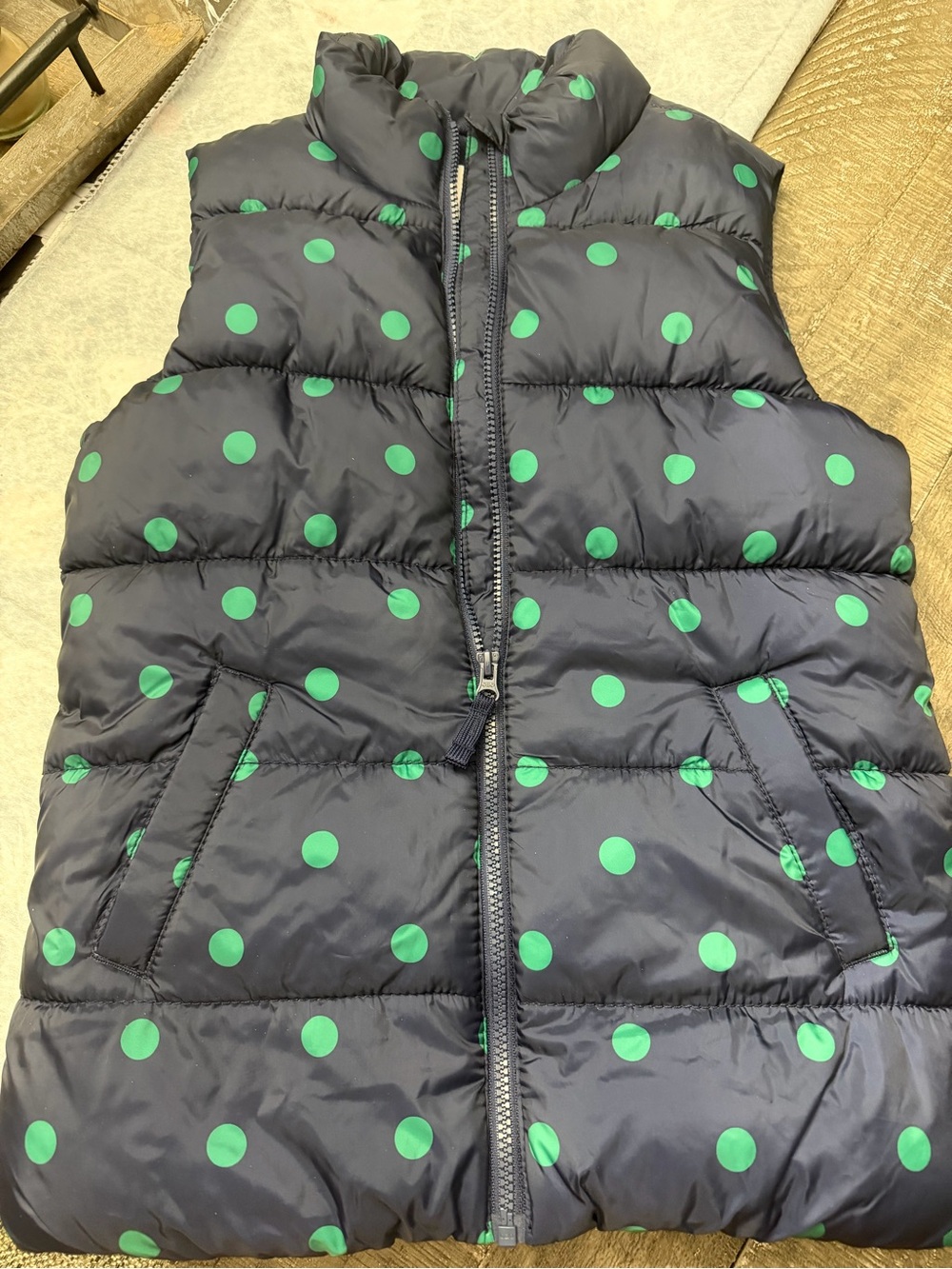 Old Navy Navy Puffer Vest with Green Polka Dots